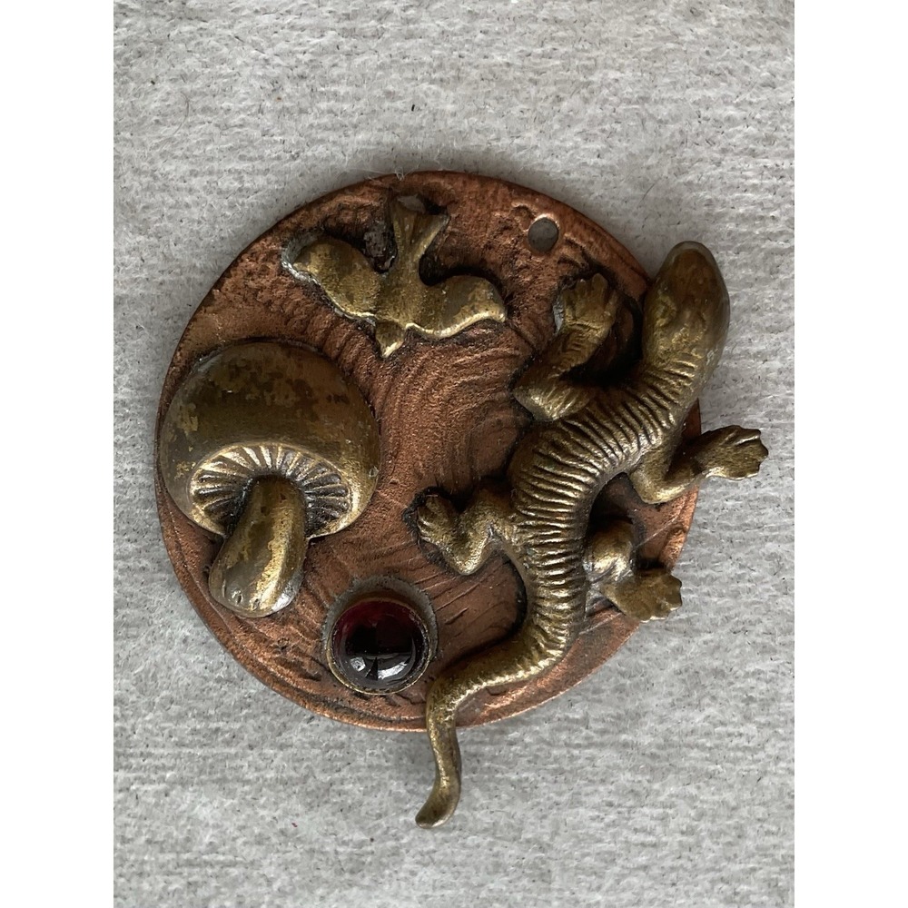 Vintage Round Copper Southwestern Pendant Raised Brass Lizard Mushroom Bird Etc